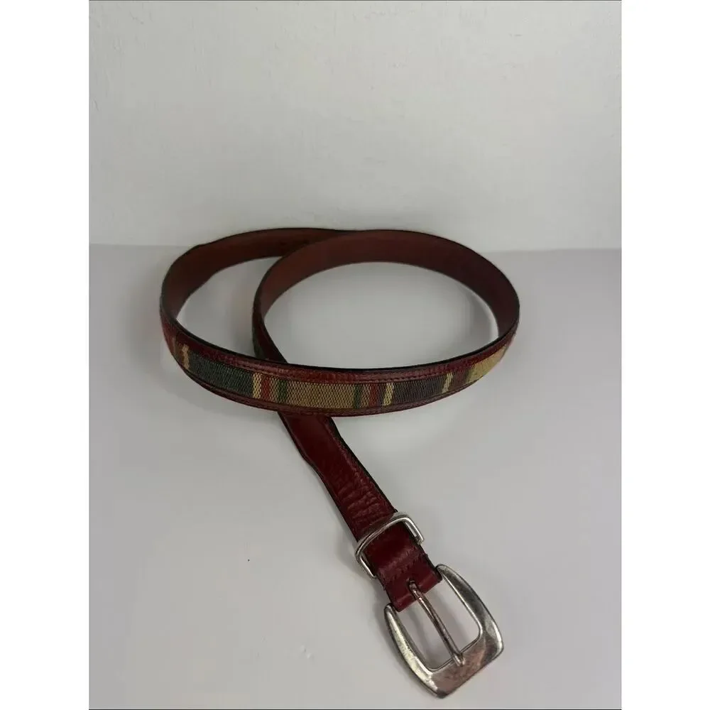 Brown Geniune Leather & Canvas Striped Belt Silver Buckle Size 38